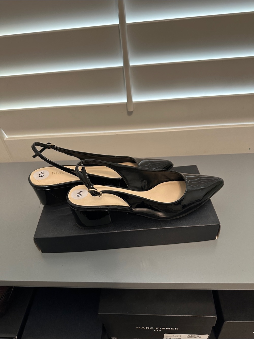 Nine West Black Patent Slingback Pointed Toe Block Heels
